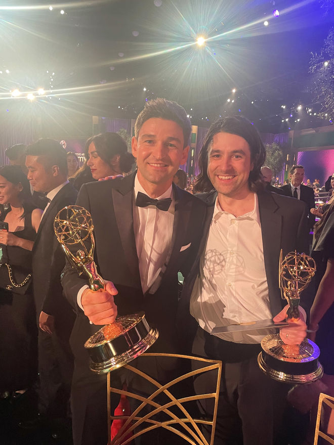 IMAGE: Blanks and Latta with Emmys