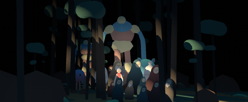 IMAGE: In-progress frame -- characters emerging from forest