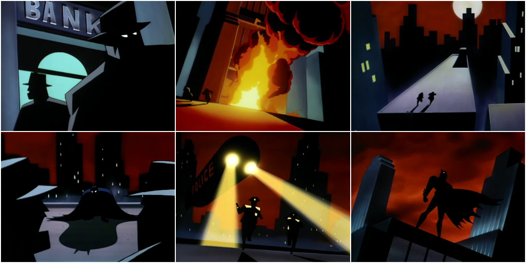 A series of six screenshots from the opening title sequence of Batman: The Animated Series. First, two men in heavy silhouette stand in front of a building labeled "Bank". Second, the bank explodes in bright yellow, orange, and red fire. Third, two figures in shadow run along a distended rectangular rooftop that is illuminated by a white moon against a red sky. Fourth, Batman lands, cloaked in shadow, with his cape pooling around him. Fifth, two police officers run towards the camera, illuminated by the headlights on a police blimp. Sixth, Batman stands on the top of a building in silhouette, with skyscrapers and a dark red sky behind him.